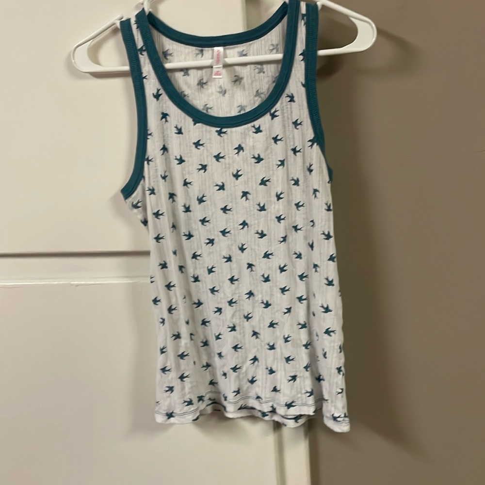 White and Turquoise Tank Top with Birds